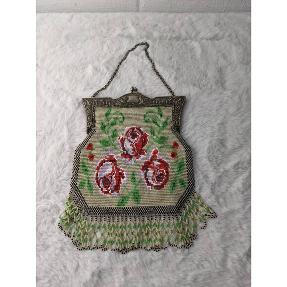 Vintage Mini Purse Sterling‎ Silver Frame Kiss lock Bracket Handle Beaded Floral - Picture 1 of 8